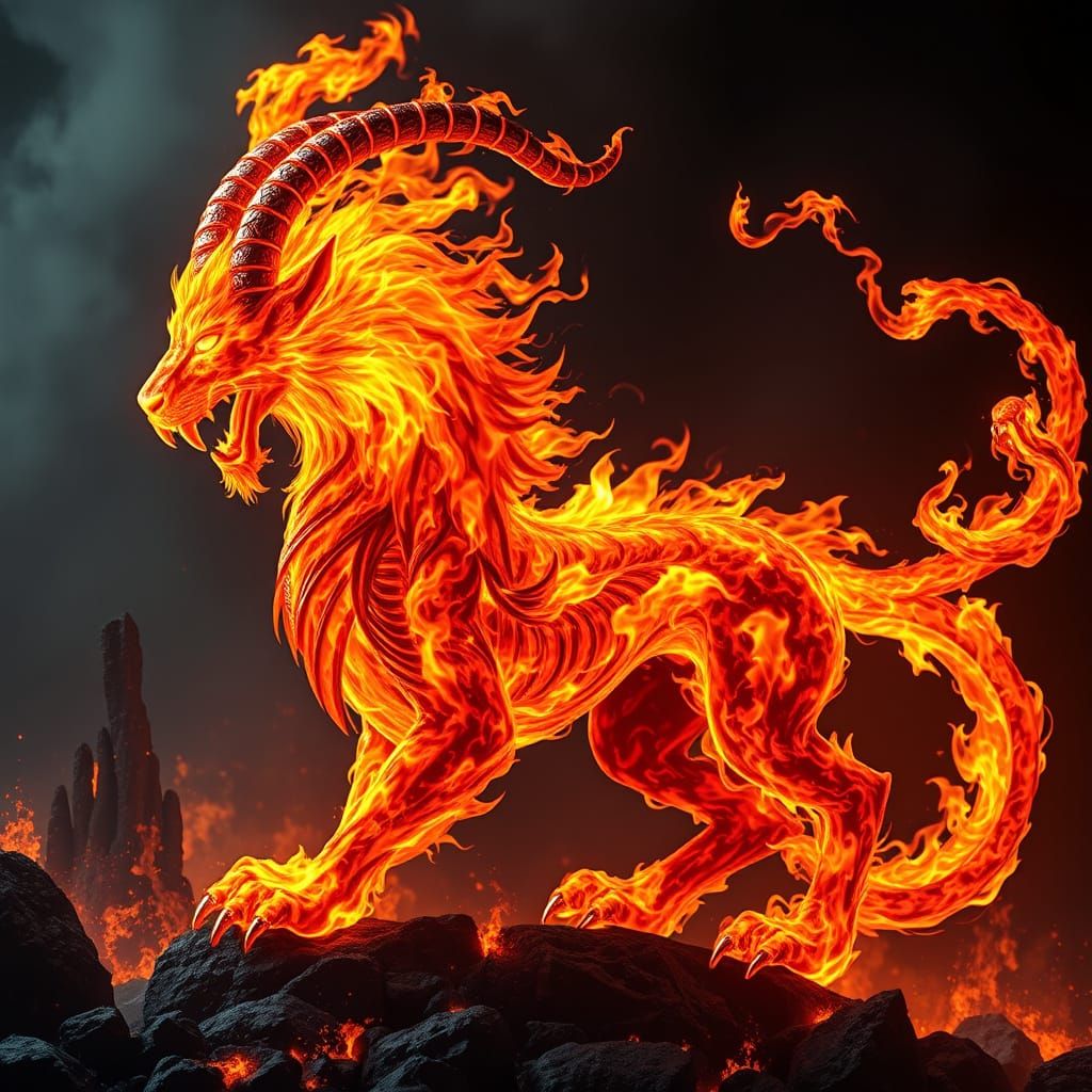 Majestic Fire Chimera with Lion, Serpent, and Goat Forms