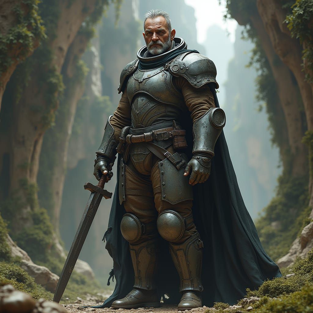 Cyberpunk Mercenary Commander in Weathered Armor