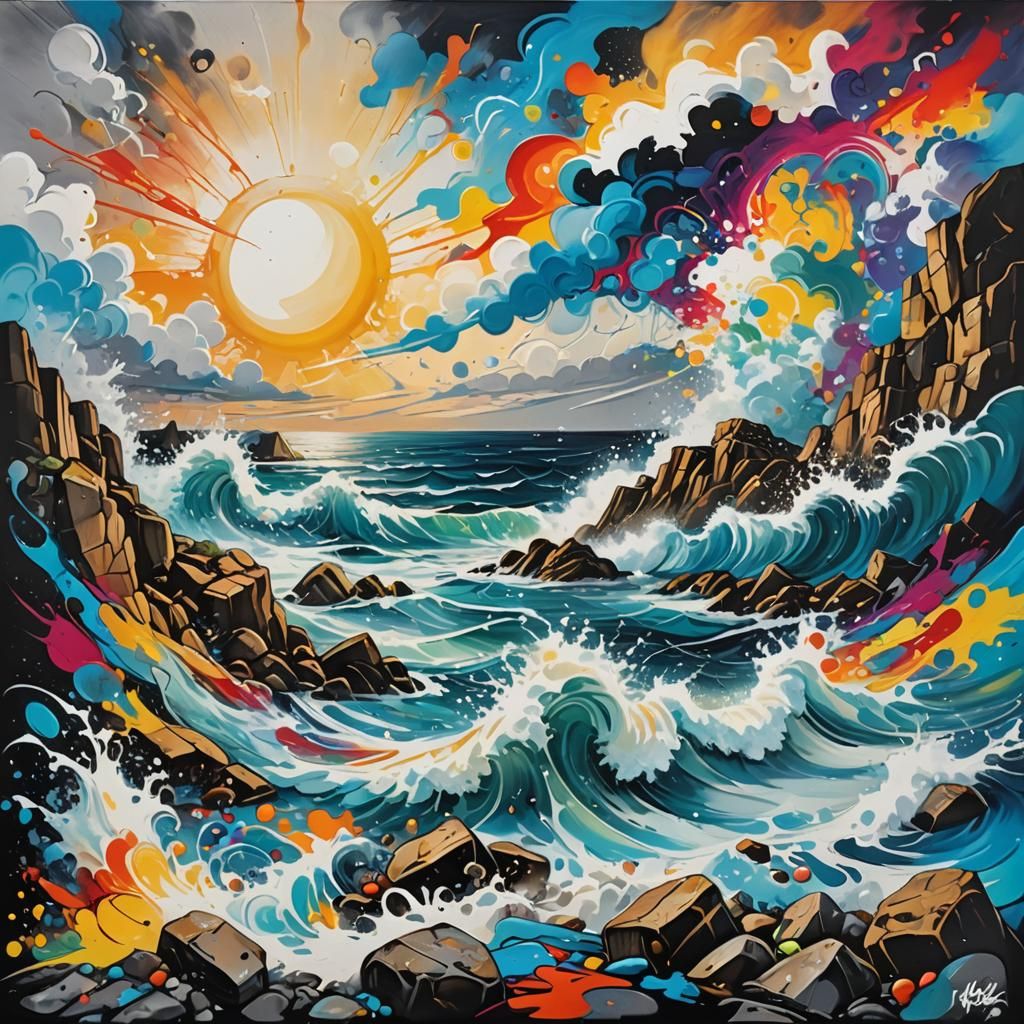 Colorful Graffiti Seascape with Windswept Waves