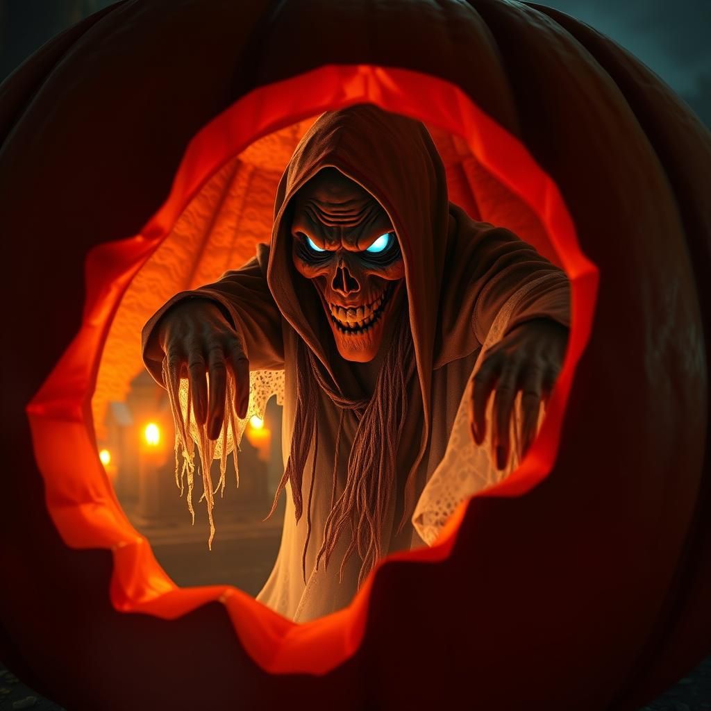 Eerie Ghost in Jack-o'-Lantern: Spooky Graveyard Scene