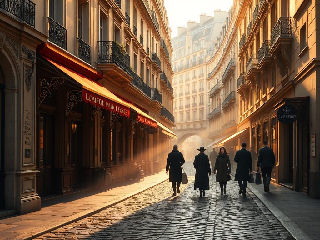 Golden Light Illuminates Parisian Street Scene in Impression...