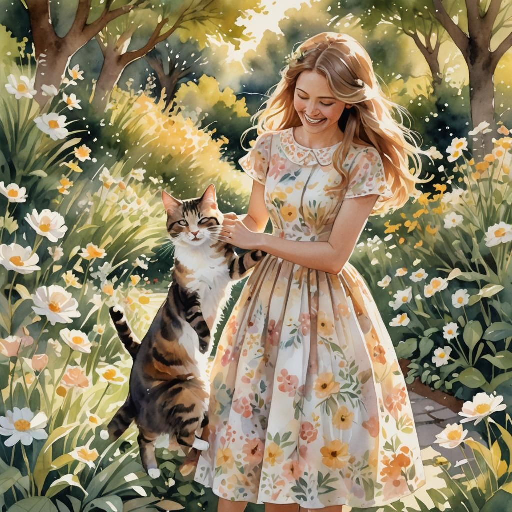 Girl and Cat in Sunlit Garden Watercolor