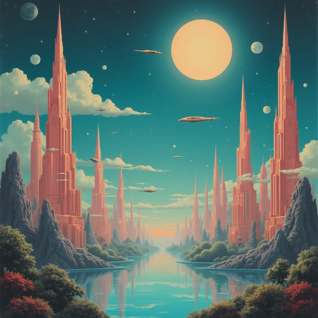 Futuristic City Floating Among Stars in Art Deco Style