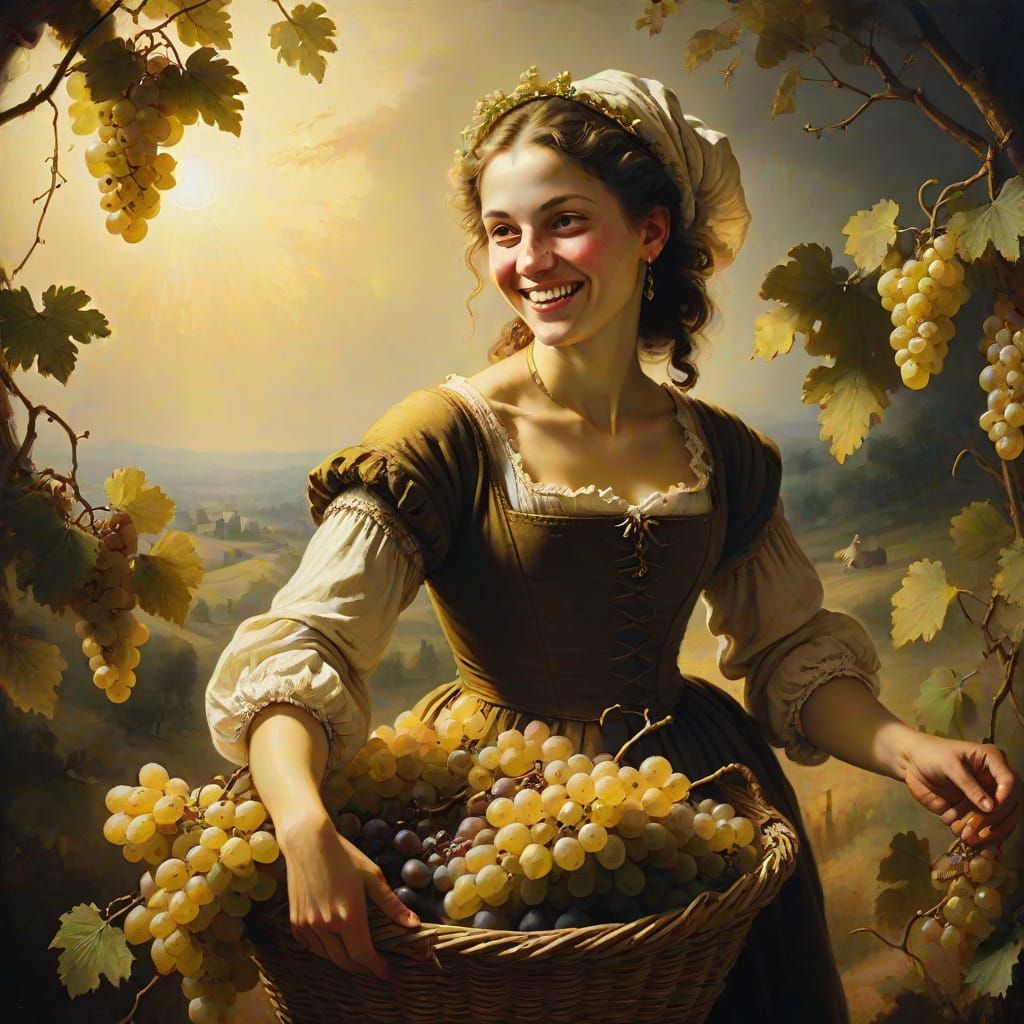 Joyful Woman Harvesting Grapes in Italy