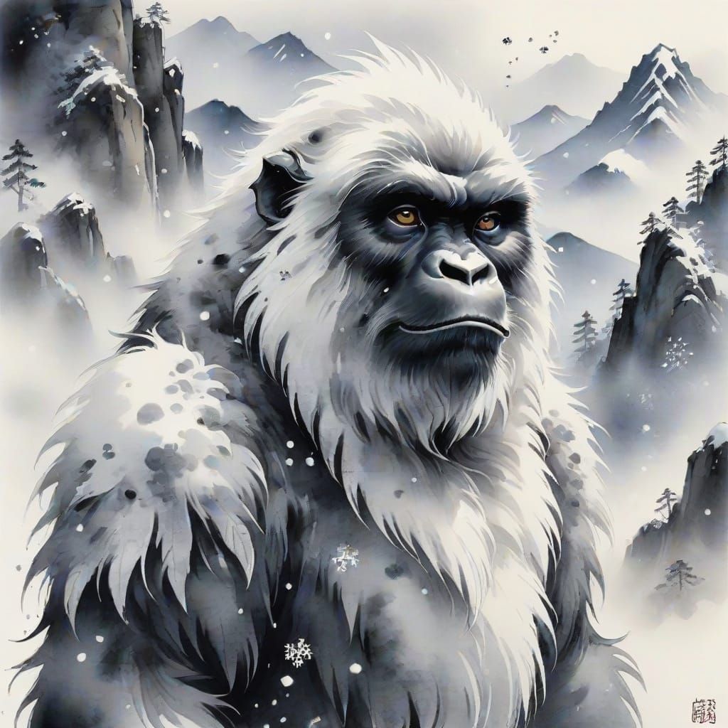 Monochrome Sumi-e Portrait of Abominable Snowman