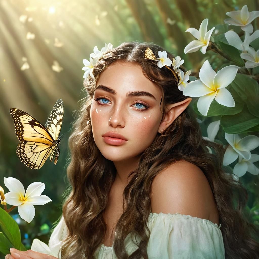 Elf in Fairy Forest with Plumeria Flowers