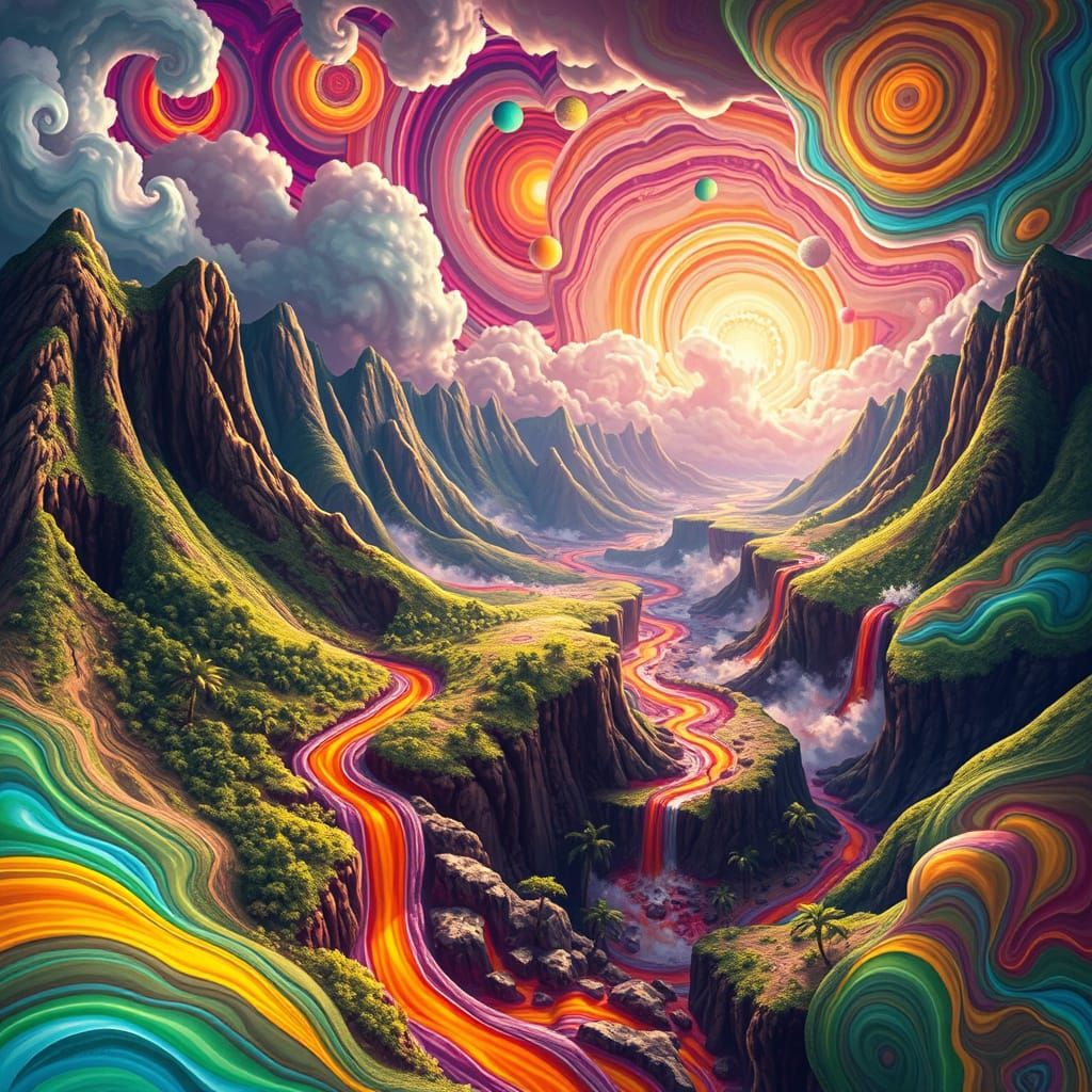Vibrant Psychedelic Landscape of Lava Rivers and Rainbow Col...