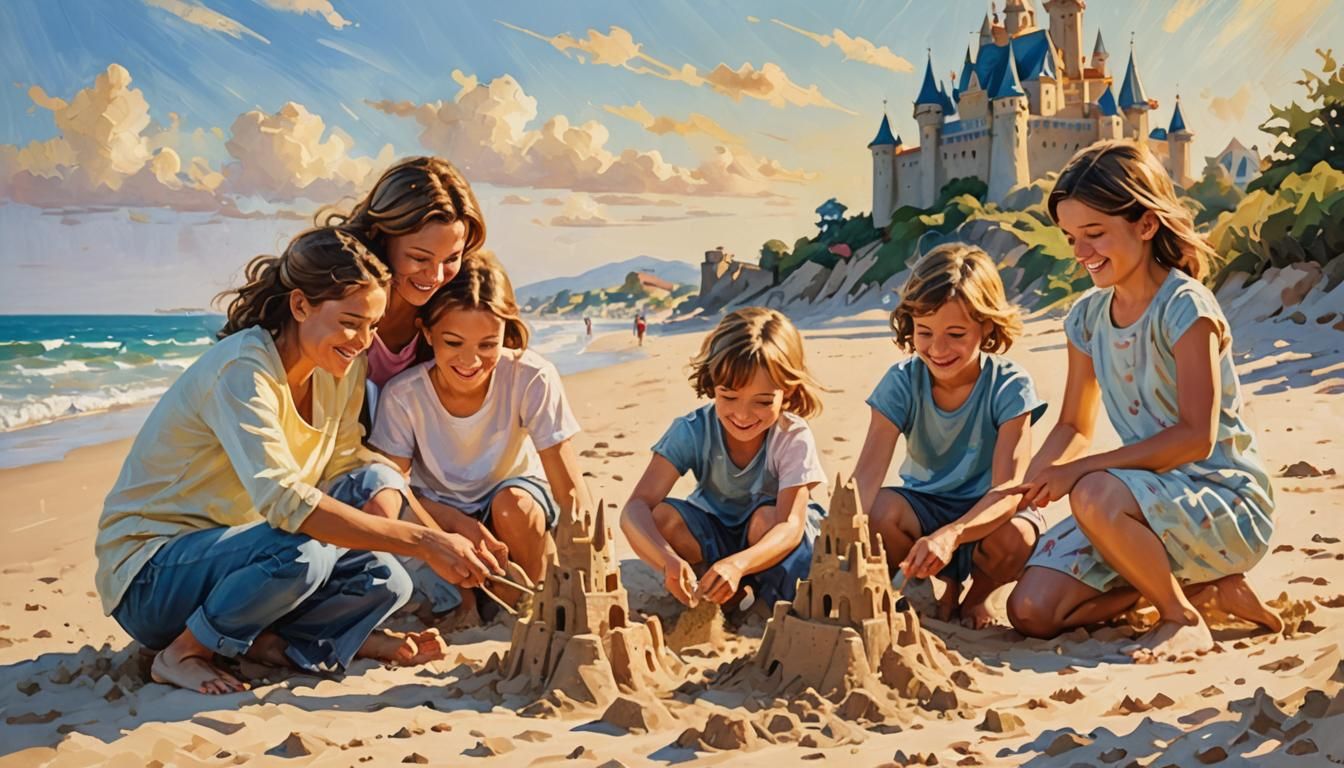 Whimsical Family Beach Scene in Vibrant Oil Painting Style