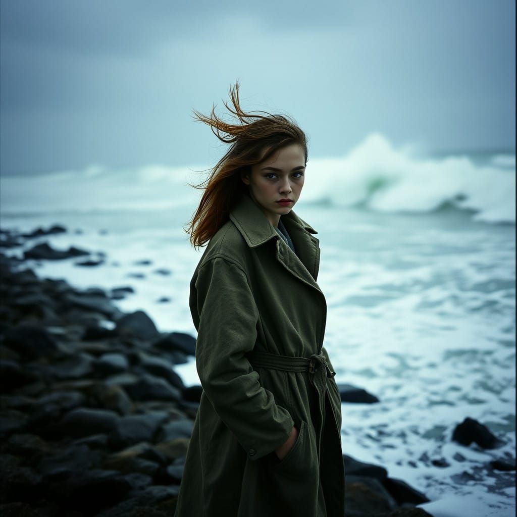 Young Woman Faces Fierce Storm on Desolate Rock Beach in Cin...