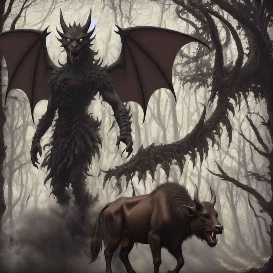 Dragon Roaring at Bison in Mountain Clearing - Dark Fantasy ...