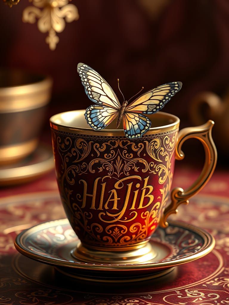 Luxurious Enchanted Coffee Cup in Red and Gold with Mystical...