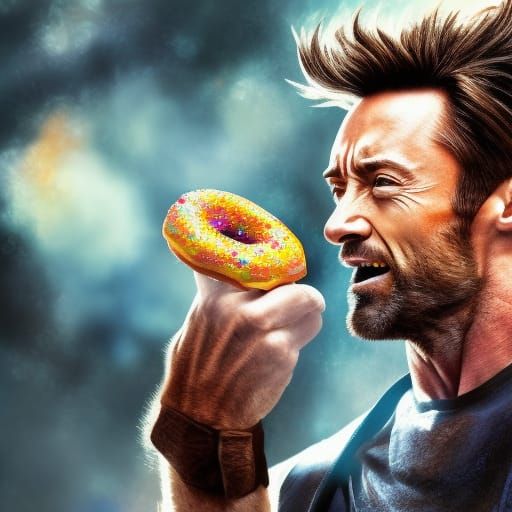 Hugh Jackman Eating Donuts in Hyperrealistic Splash Art