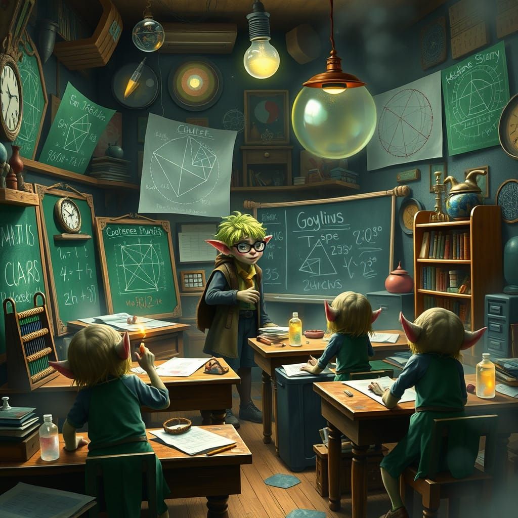 Goblins Mastering Enchanted Geometry in Dreamy Classroom