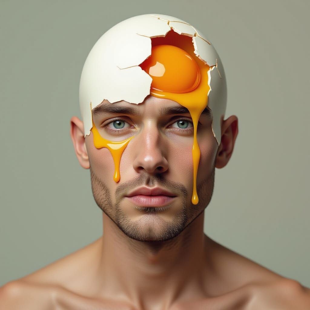 Surreal Portrait: Bald Man with Eggshell Skull