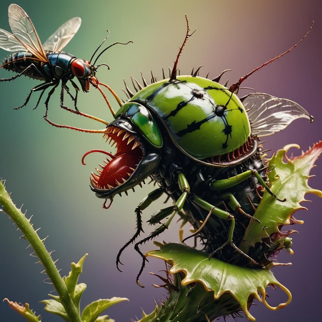 Hyperrealistic Macro Photo of Venus Flytrap Eating Beetle