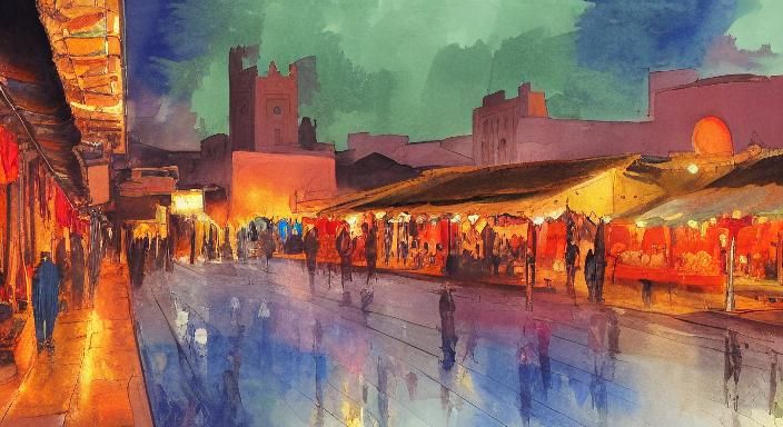 Marrakech at Night in Gouache Watercolor Style