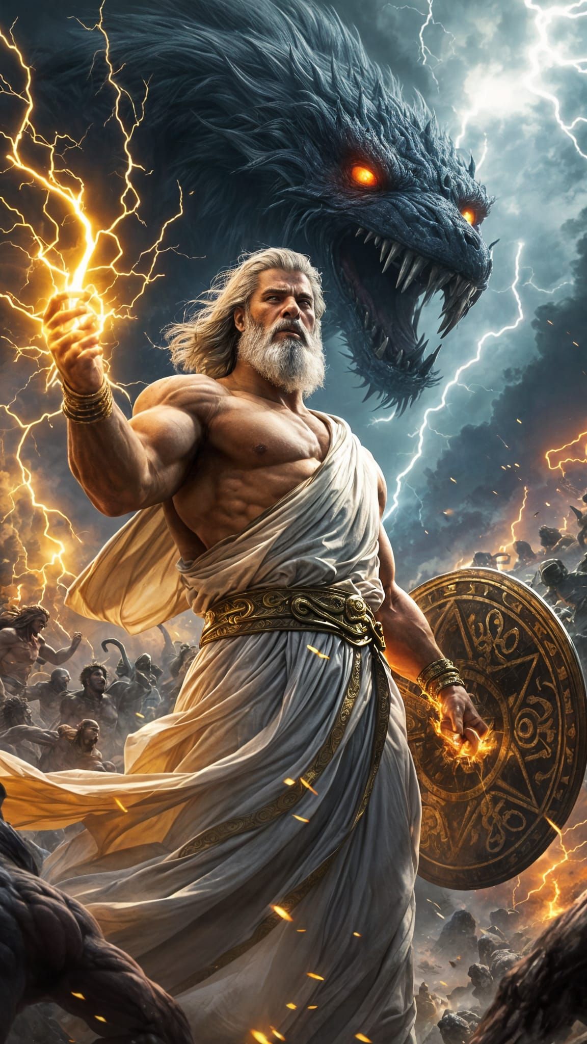 God of Thunder Engages Fearsome Titans in Epic Battle