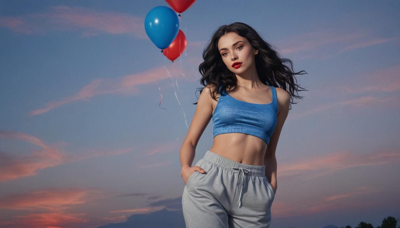 Woman with Balloons in Sunset: Hyper-Realistic Concept Art