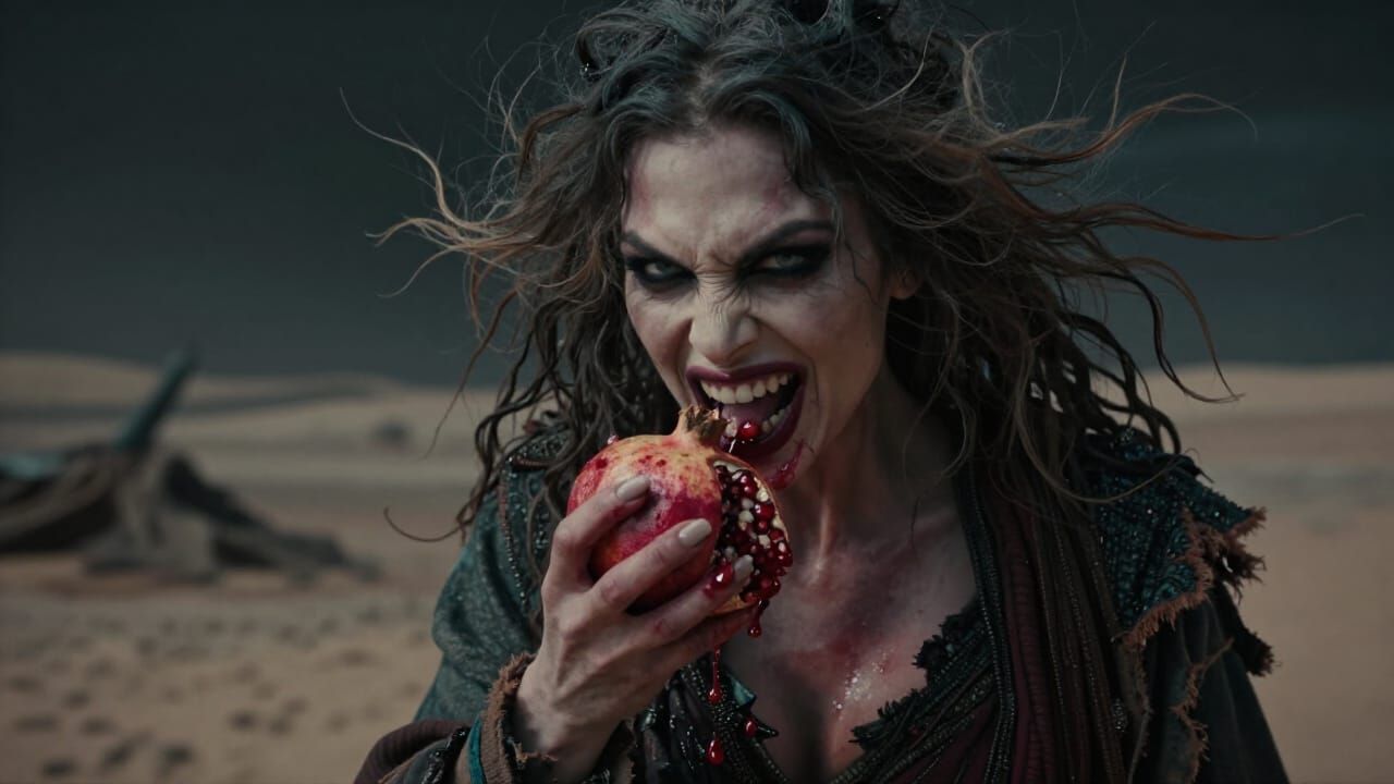 Evil Woman Aggressively Eats Pomegranate in Desert