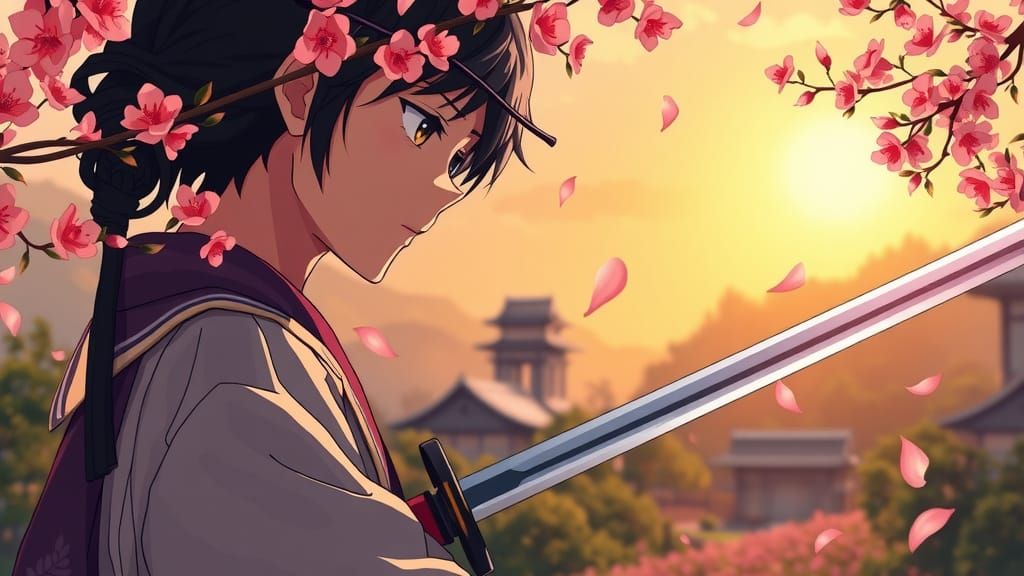 Young Samurai in Anime Garden at Golden Hour