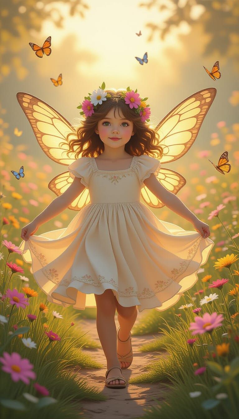 Fairy Girl Twirling in a Butterfly Garden