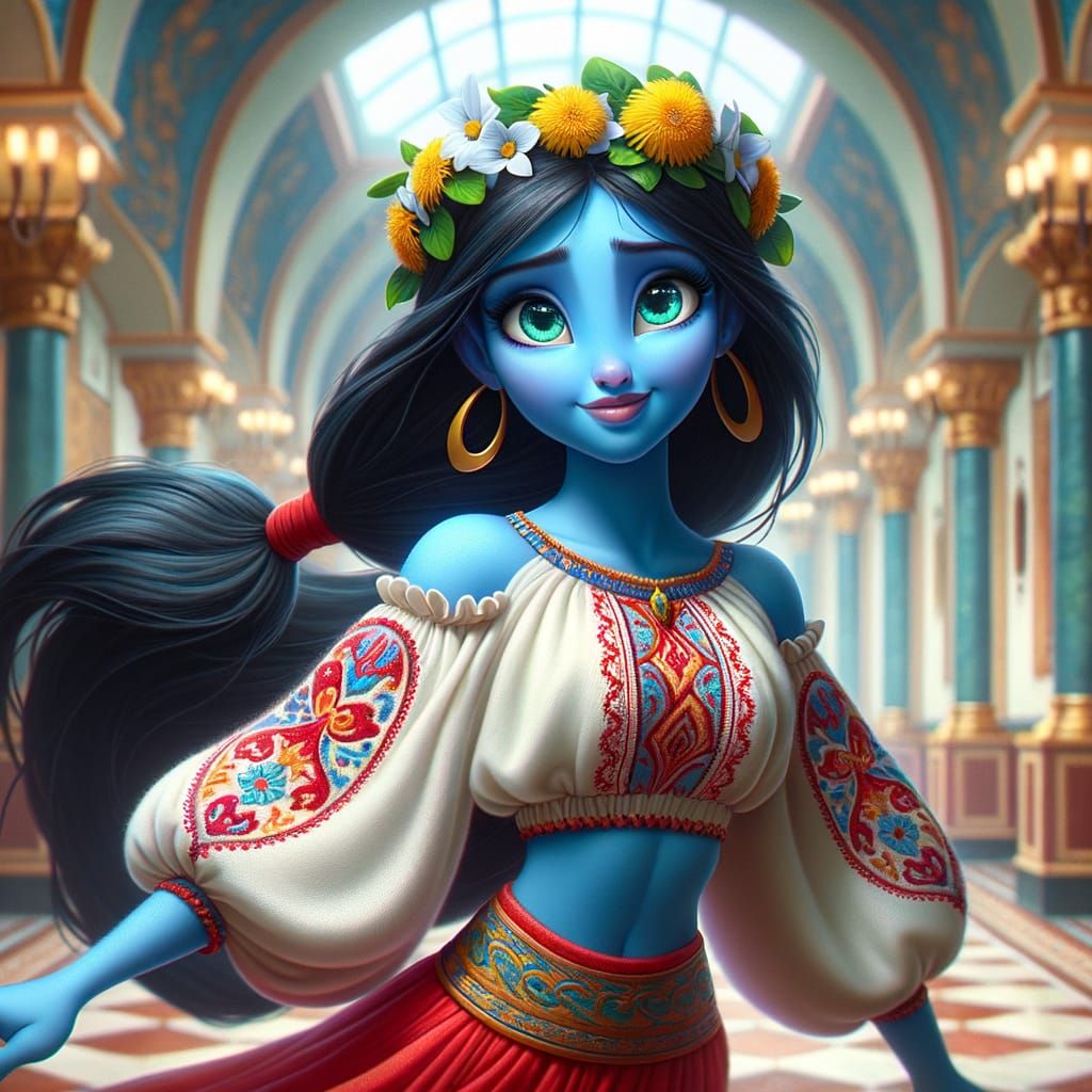 Classical Animation-Style Genie Maiden in Azure Skin and Tra...