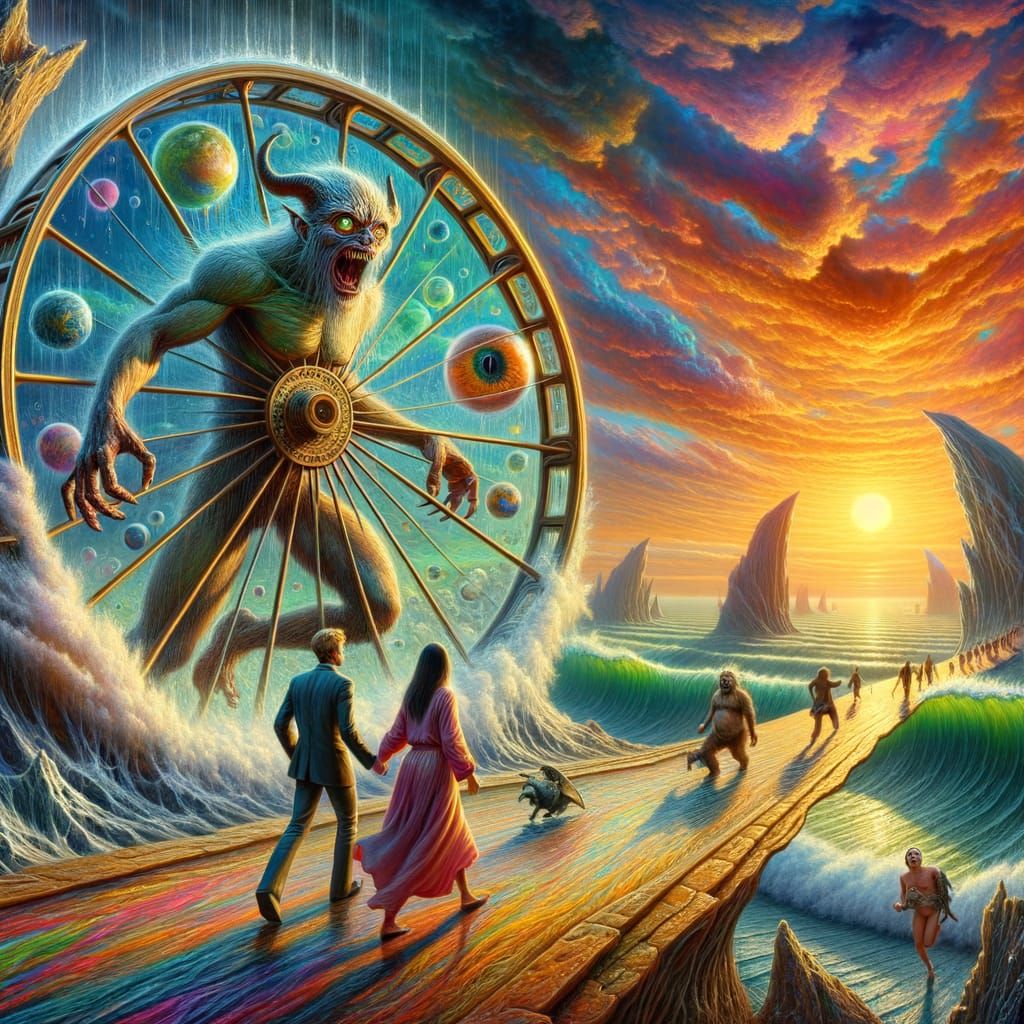 Surreal Cosmic Journey: Man, Woman, and Ogre in Earth Wheel