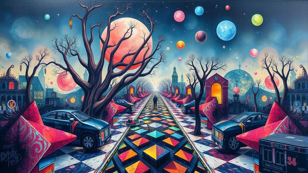Surreal Symmetrical Fantasy Scene in Graffiti Art Style
