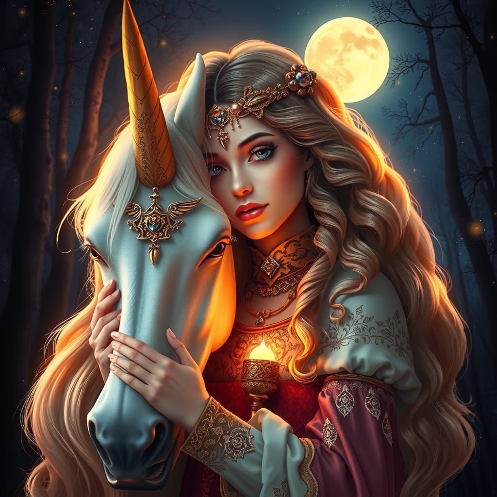 Princess and Unicorn Portrait in Art Nouveau Style
