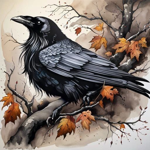 Dead Raven Ink Painting with Atmospheric Details