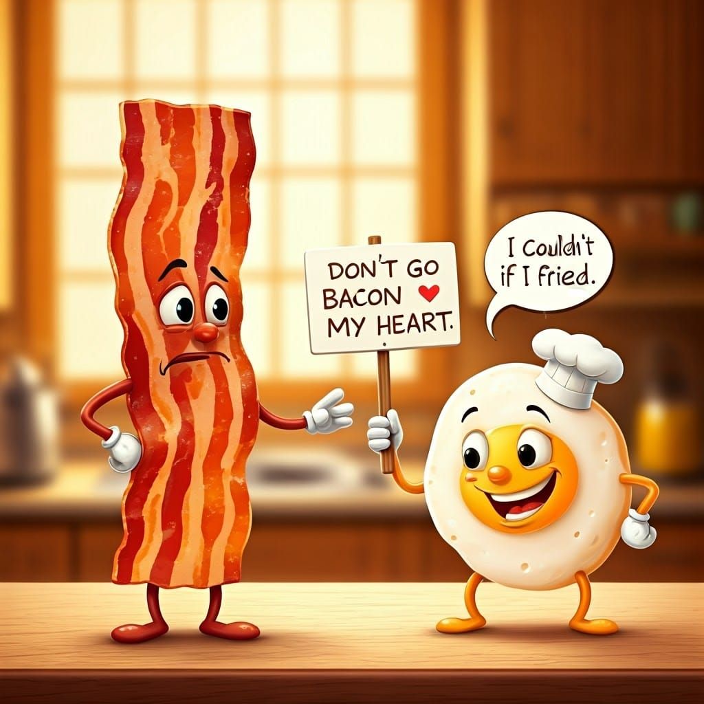 Whimsical Bacon and Egg Cartoon Illustration