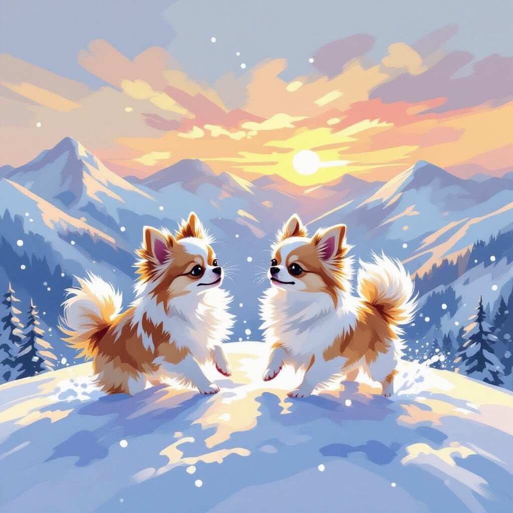 Chihuahuas Frolic on Snowy Mountaintop in Impressionist Styl...