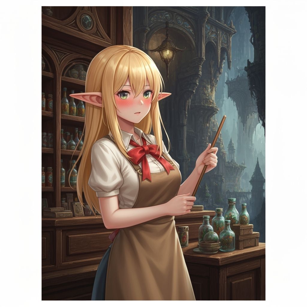 Blonde Elf Shopkeeper in Fantasy Art Style