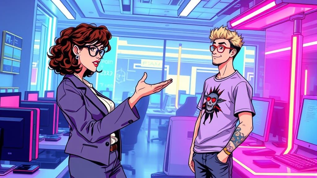 Stylish Woman Meets Nerdy Man in Retro-Futuristic Office