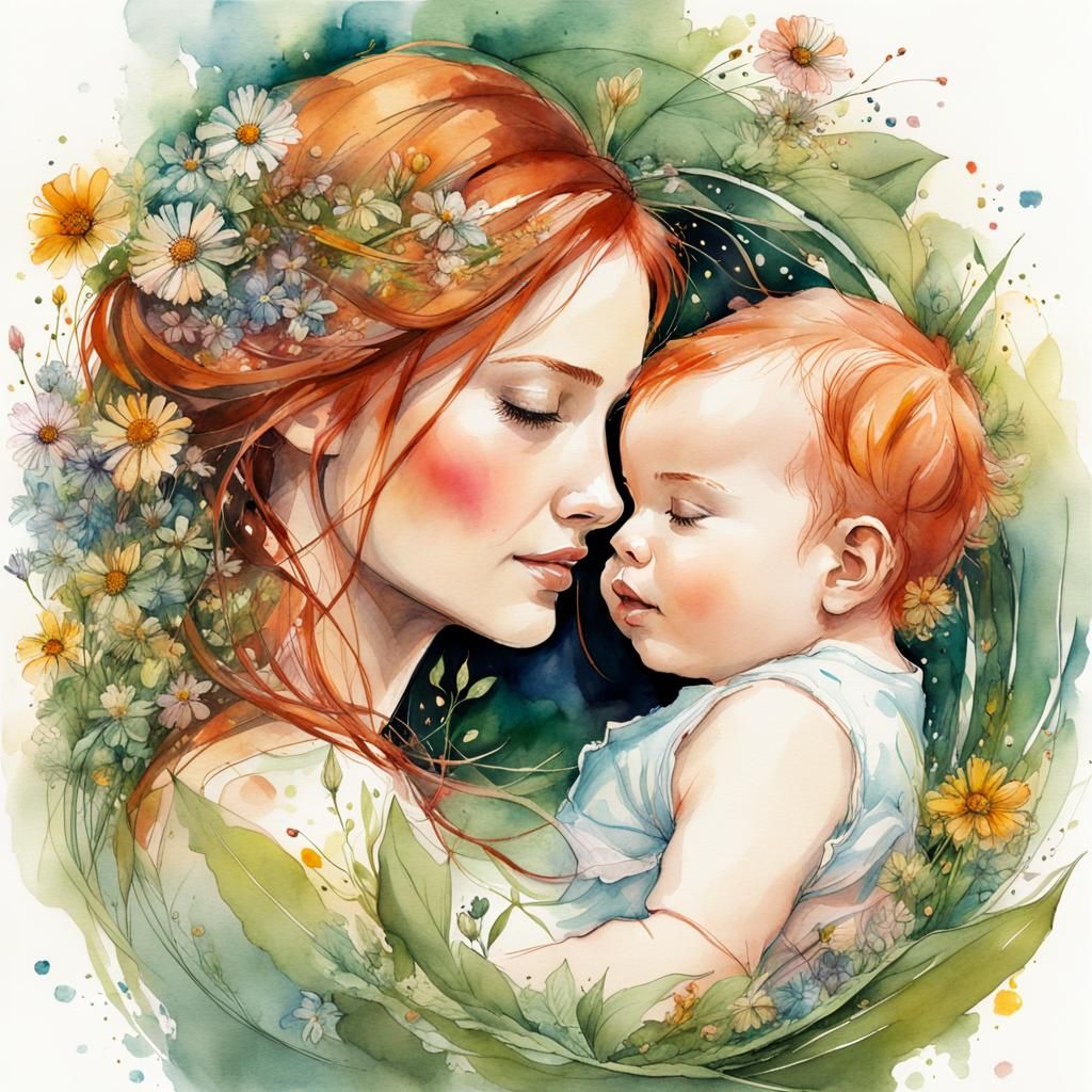 Watercolor Mother and Child Surrounded by Flowers