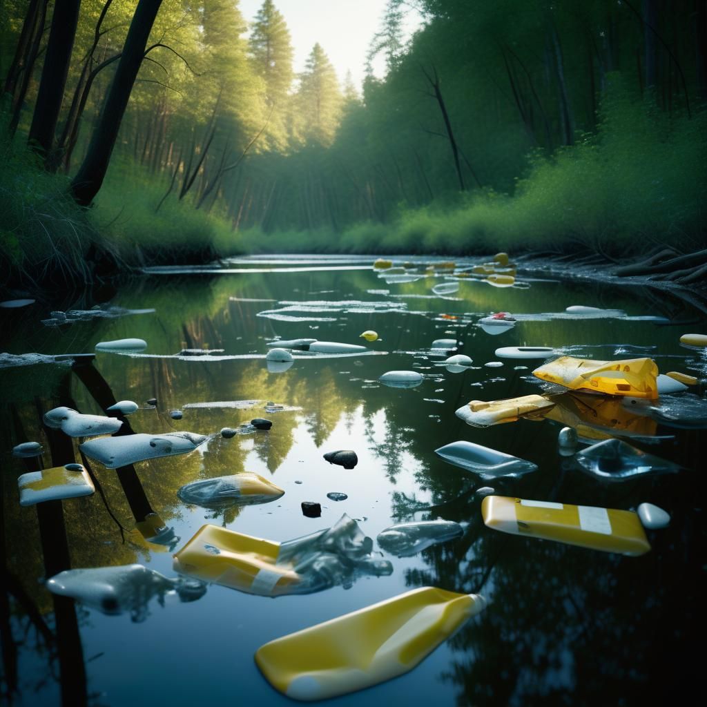 Wooded River Polluted with Plastic Waste