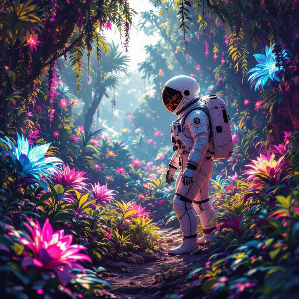 Astronaut Explores Alien Jungle Planet in Vivid Sci-Fi Art