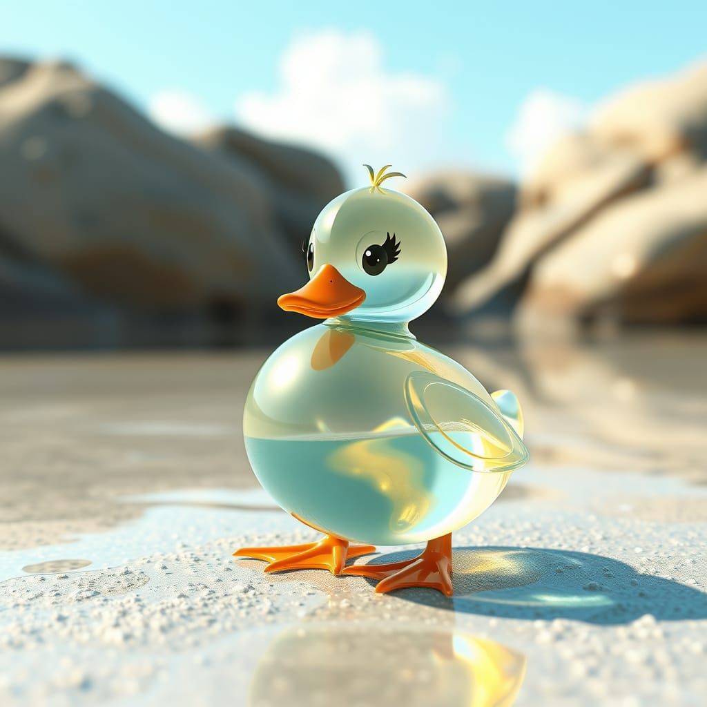 Cute Glass Duckling on the Beach: 3D Anime Art
