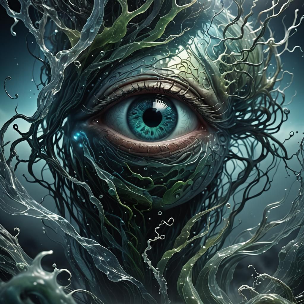 Eerie 3D Glass Sculpture in Fog, Dark Fantasy Style