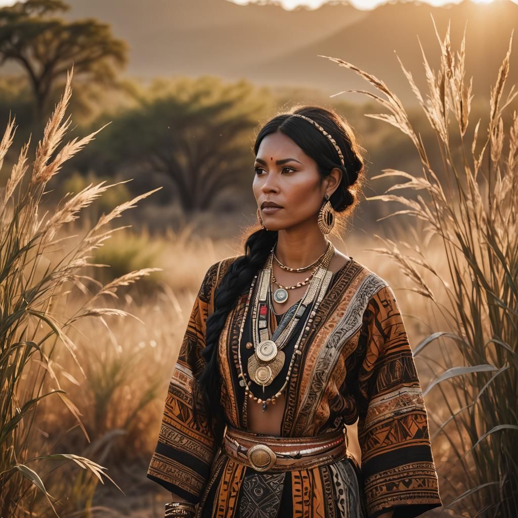 Woman in Tribal Clothes in Savannah Landscape