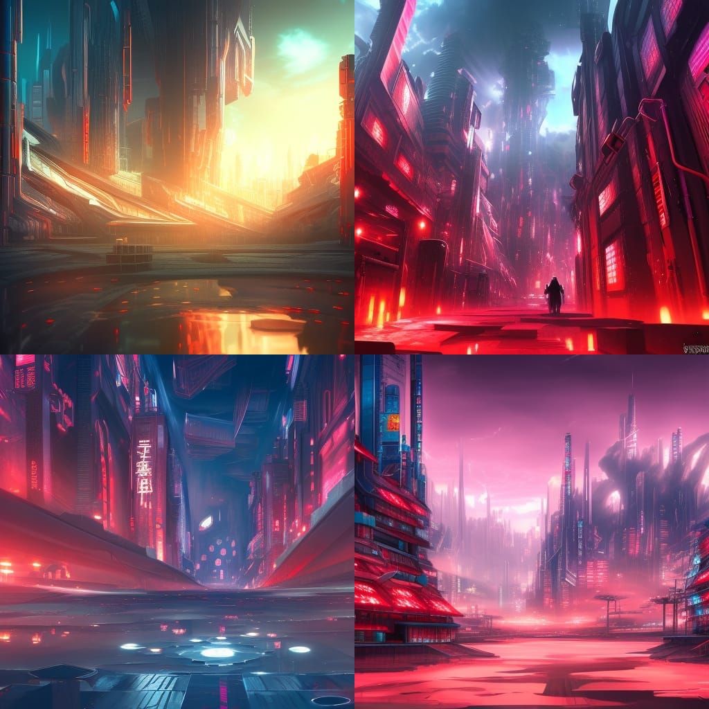 Futuristic Anime City with Dark Red Accents