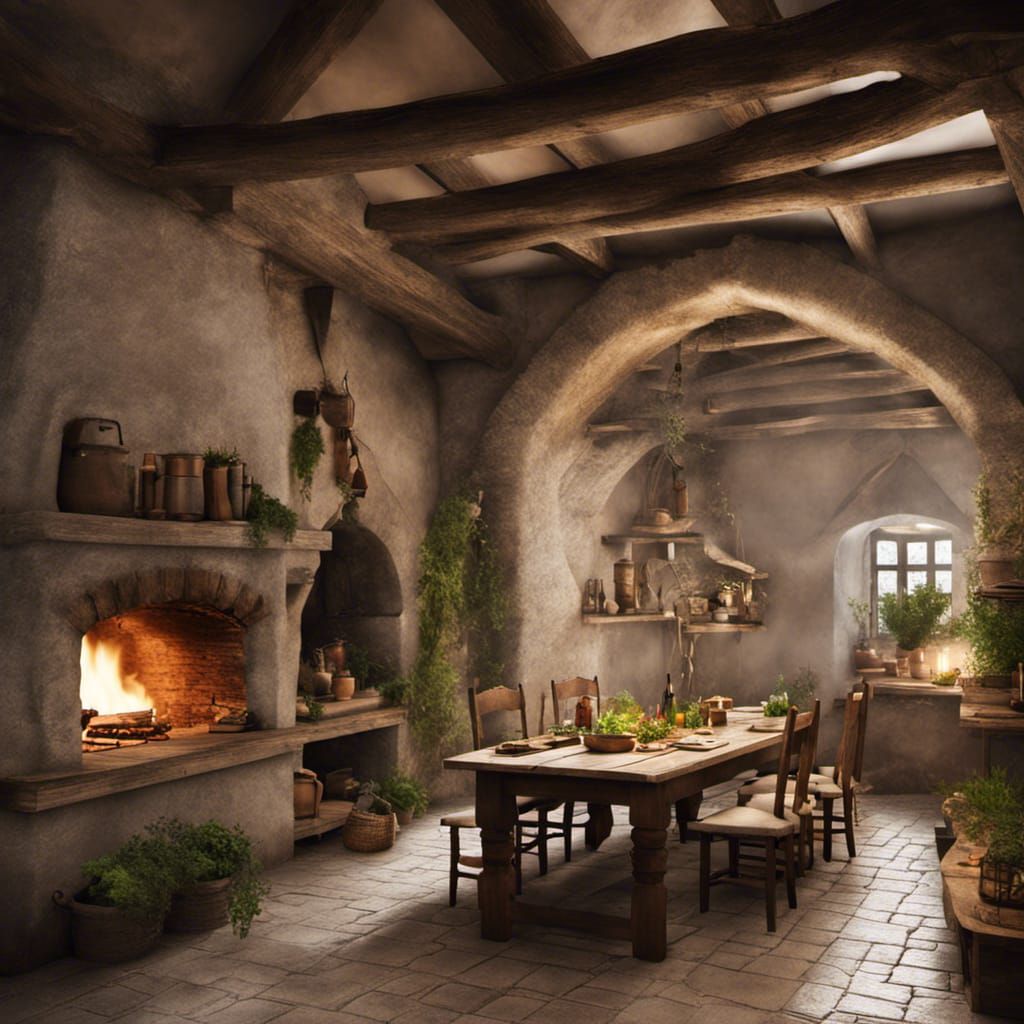 Medieval Kitchen with Fireplace and Herbs