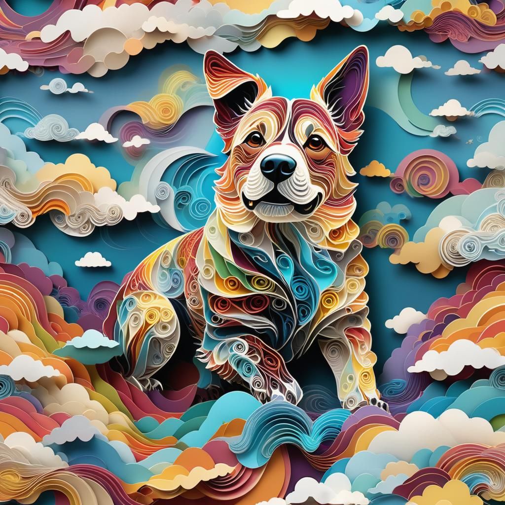 Colorful Kirigami Dog Soaring in the Sky