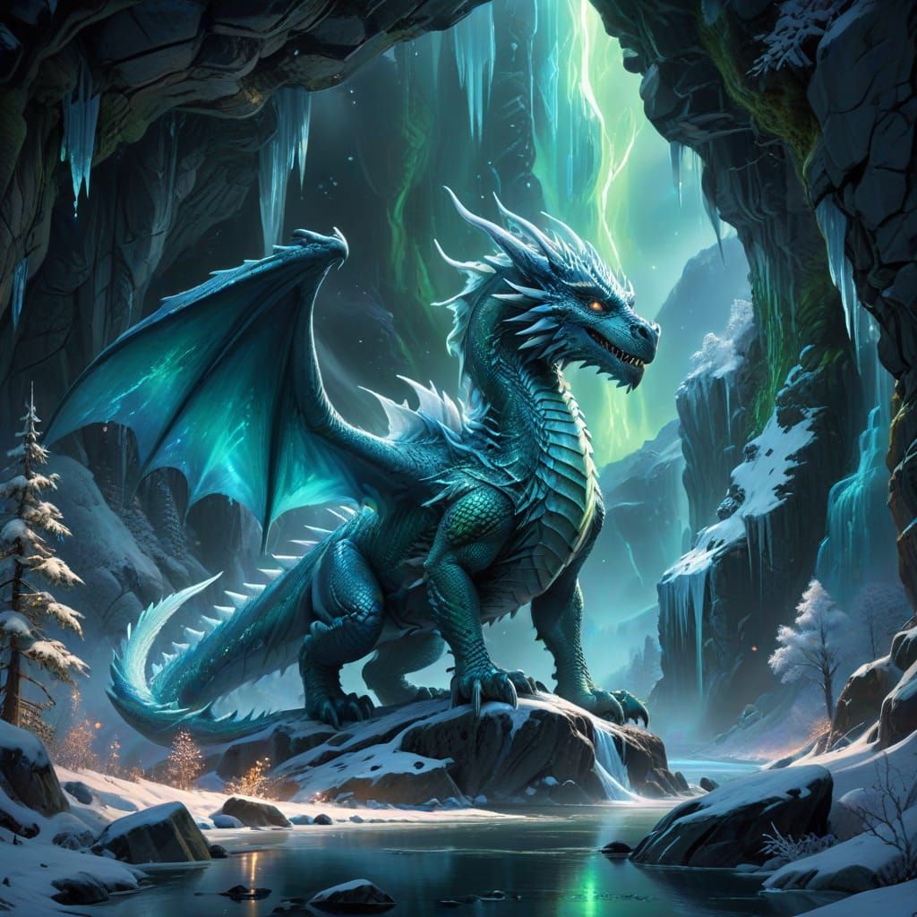 Majestic Ice Dragon Guards Snowy Valley Under Aurora