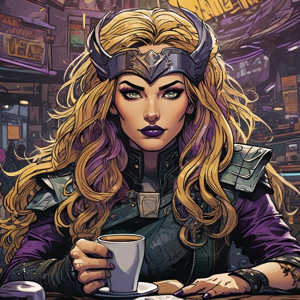 Valkyrie Coffee Break in Retro Comic Book Style
