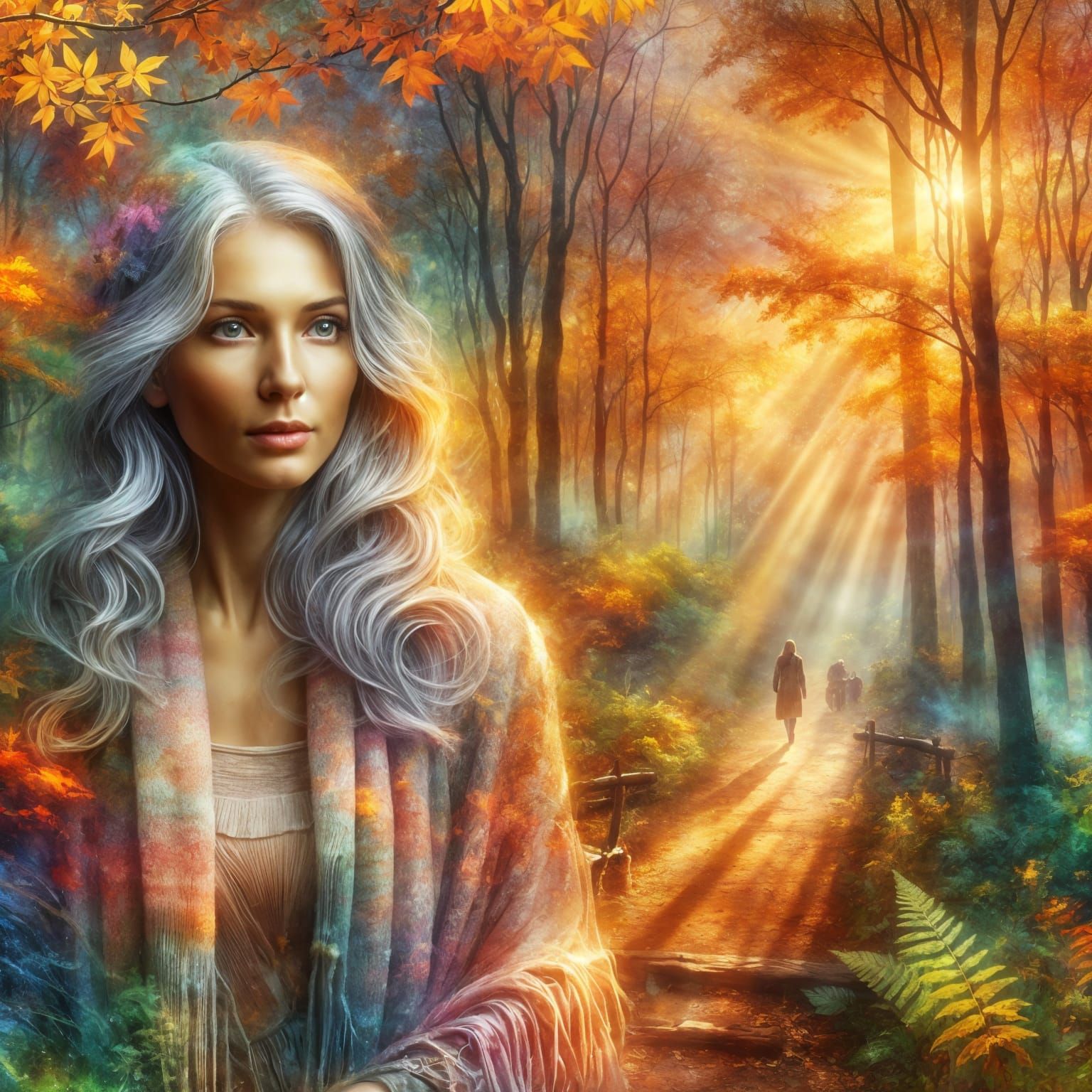 Autumn Forest Serenity: Silver-Haired Woman in Sunlight