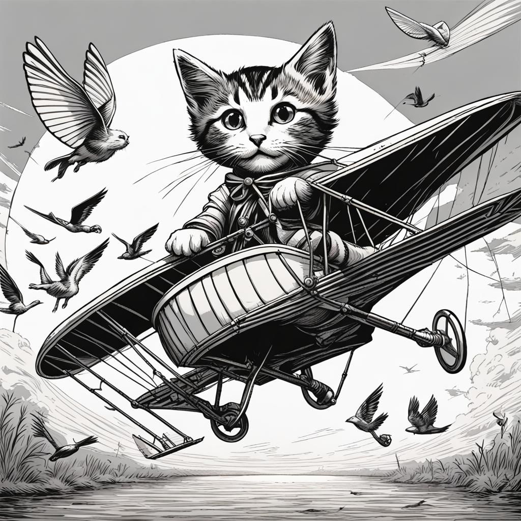 Tabby Kitten in Sailor Suit Flying Ornithopter