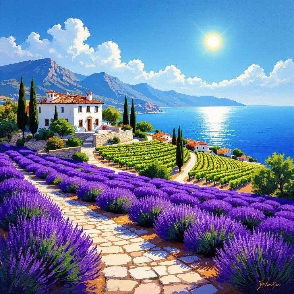 Mediterranean Villa Overlooking Sea in Impressionist Style