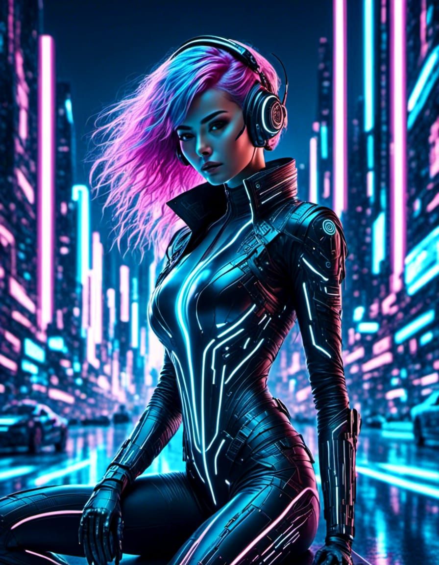 cartoon animation comic Anime green haired Woman in TRON style pink and blue glowing bodysuit in computer themed citysca...