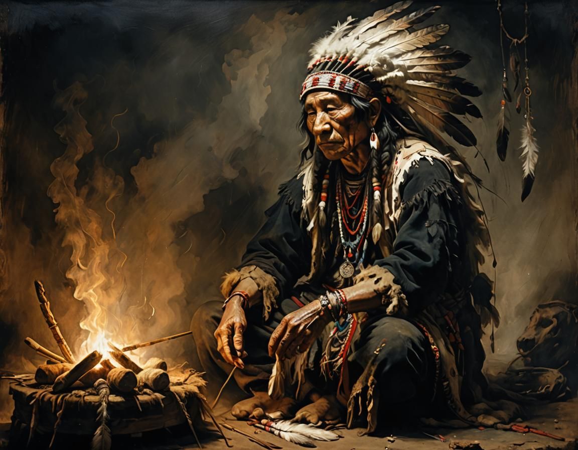 Ominous Native American Ritual as Impressionist Painting